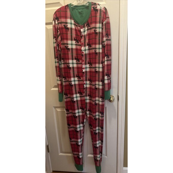 Fammy Jammie Sz L Unisex 1 Pc Holiday Pajamas Red Plaid Moose Christmas Winter - Picture 1 of 5